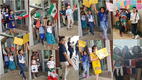 A photo collage of students carring flags and banners representing their country.